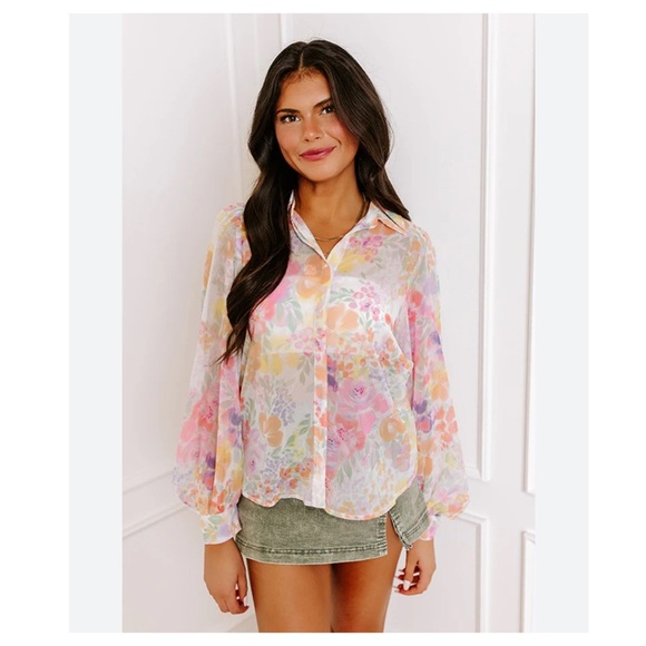 Olivaceous Tops - Olivaceous Sheer Lush Blooms Chiffon Button Up